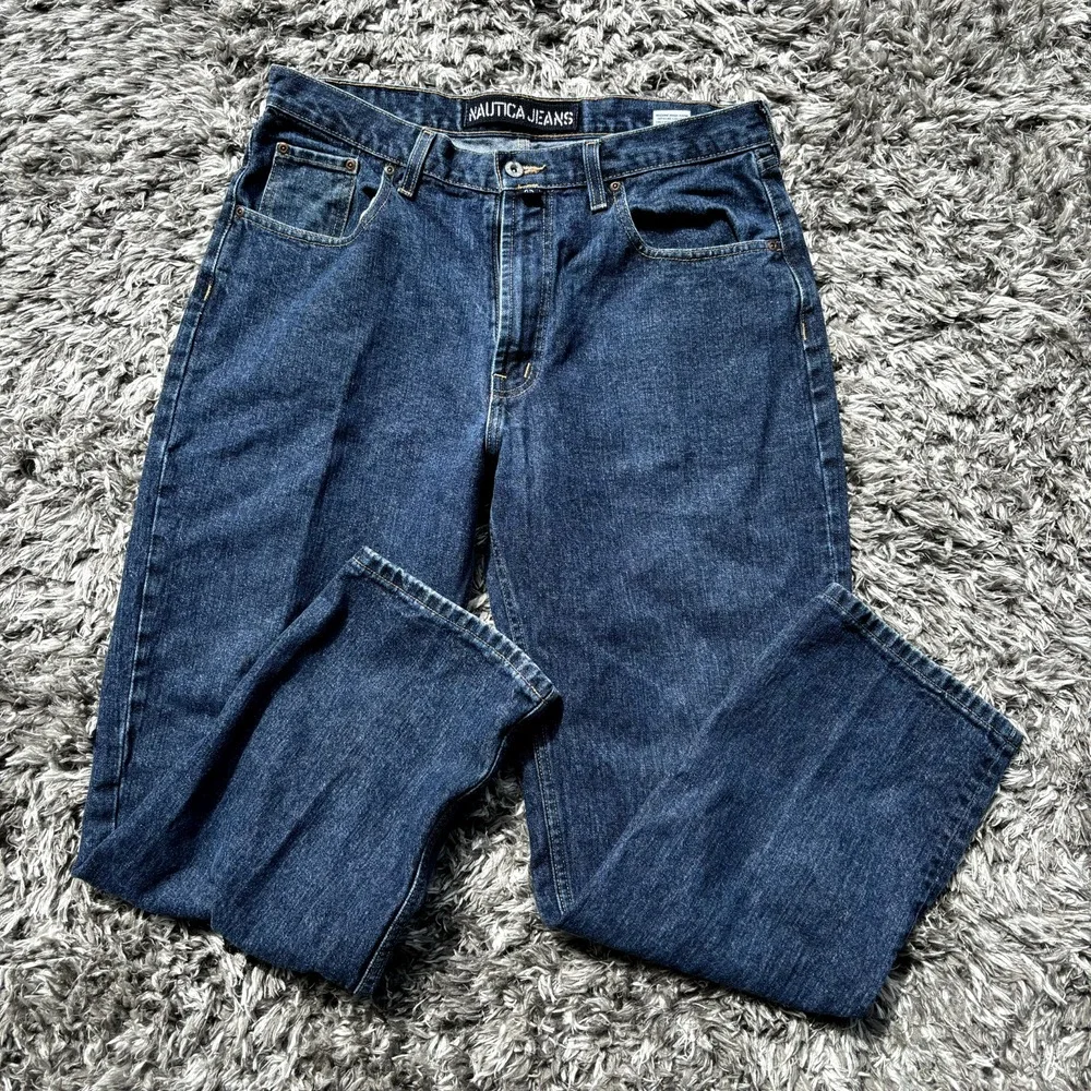 Nautica Jeans Company Mens 36x30 Dark Wash Relaxed Straight Leg Denim Blue Jeans